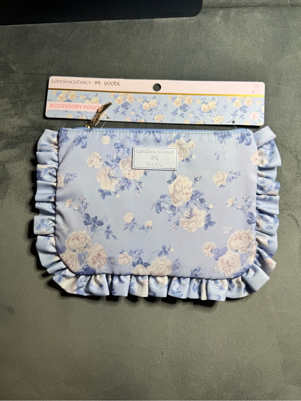 LoveShackFancy Light Blue Floral Ruffle Accessory Pouch